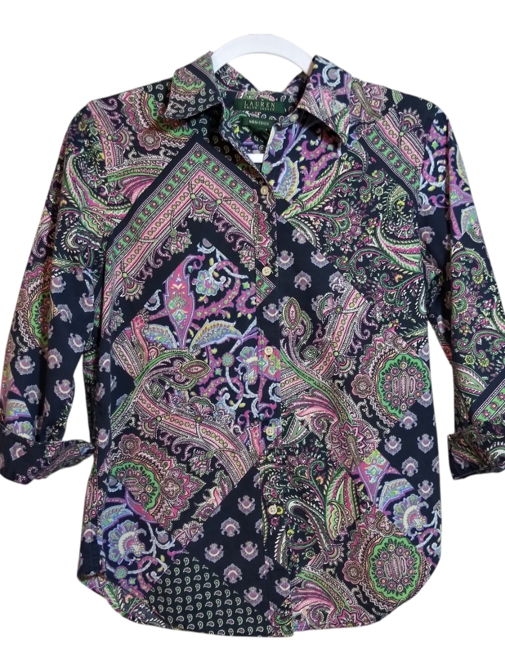 Lauren Ralph Lauren Paisley Button-Up Shirt Navy Pink Non Iron 3/4 Sleeves Sz S